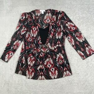 Dressbarn Faux Wrap Top Womens Large Red Black Abstract O-Ring 3/4 Sleeve